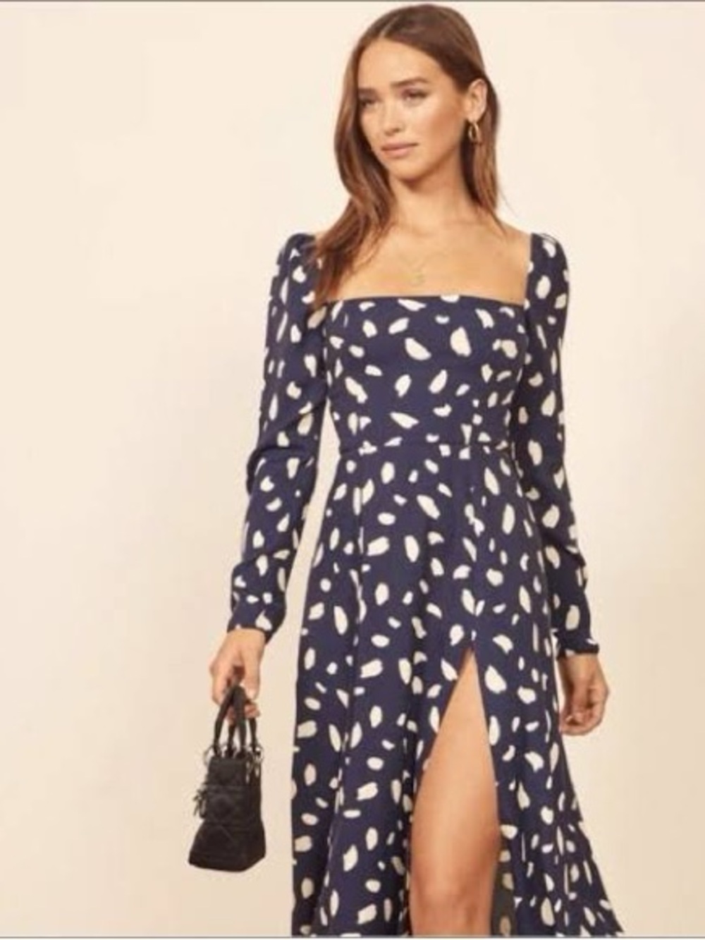 Reformation Navy and White Leaf-Print Square Neck Maxi Dress